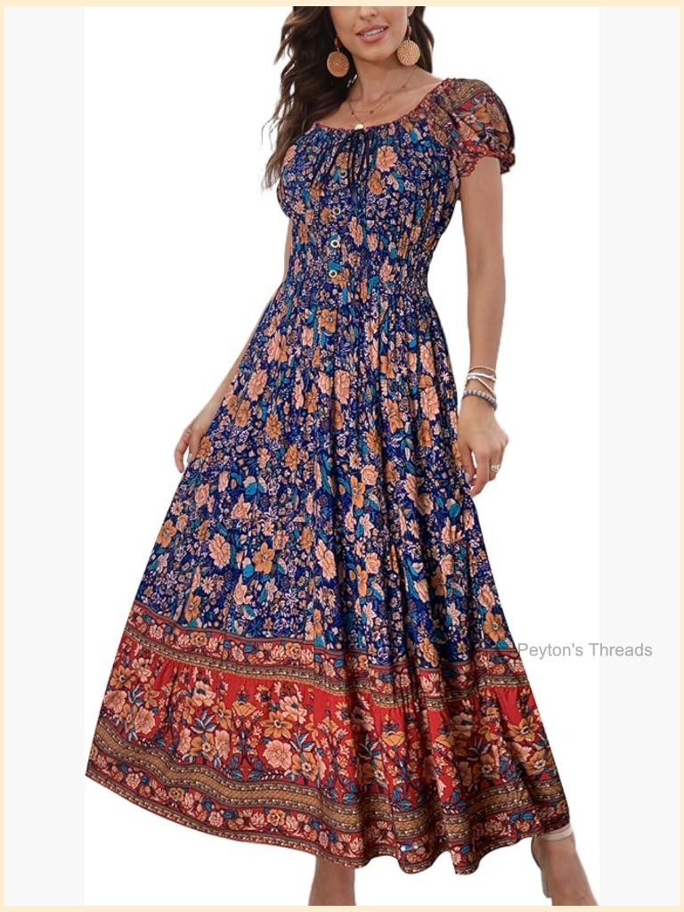 Boho Floral Tiered Maxi Dress - Short Sleeve
